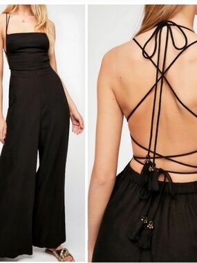 Free People Got Your Back Jumpsuit Green Lace Up Open Back Wide Leg